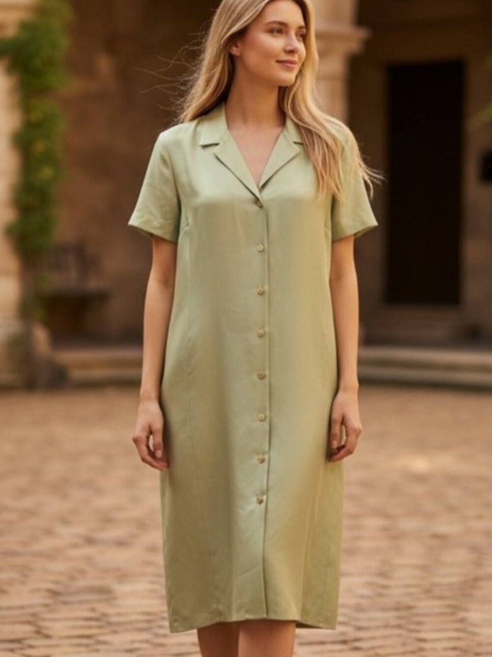 Vintage Liz Claiborne Green Raw Silk Button Shirt Dress 16